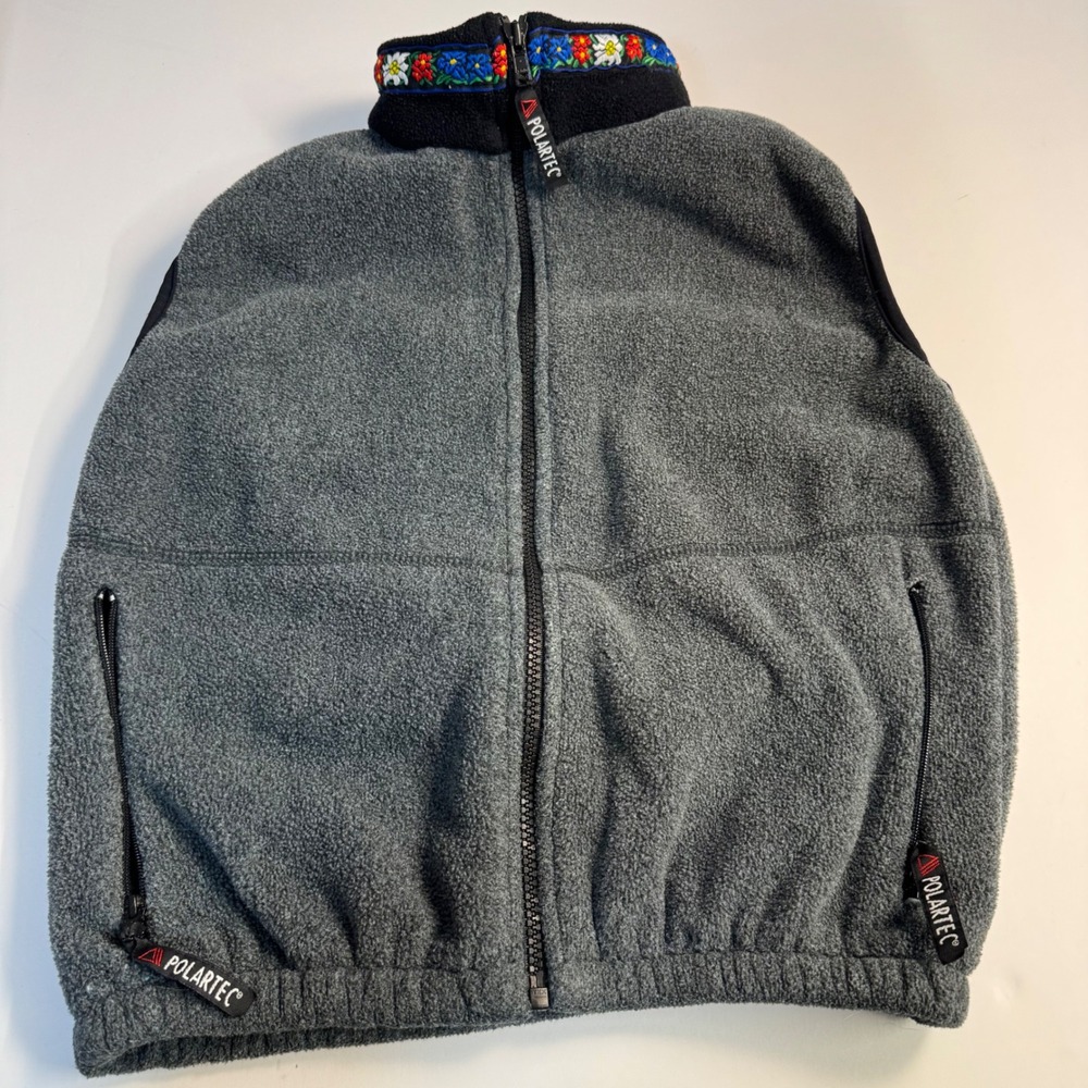 Vintage The Rugged Bear Kids Gray Polartec Fleece Vest Floral Trim Size 10